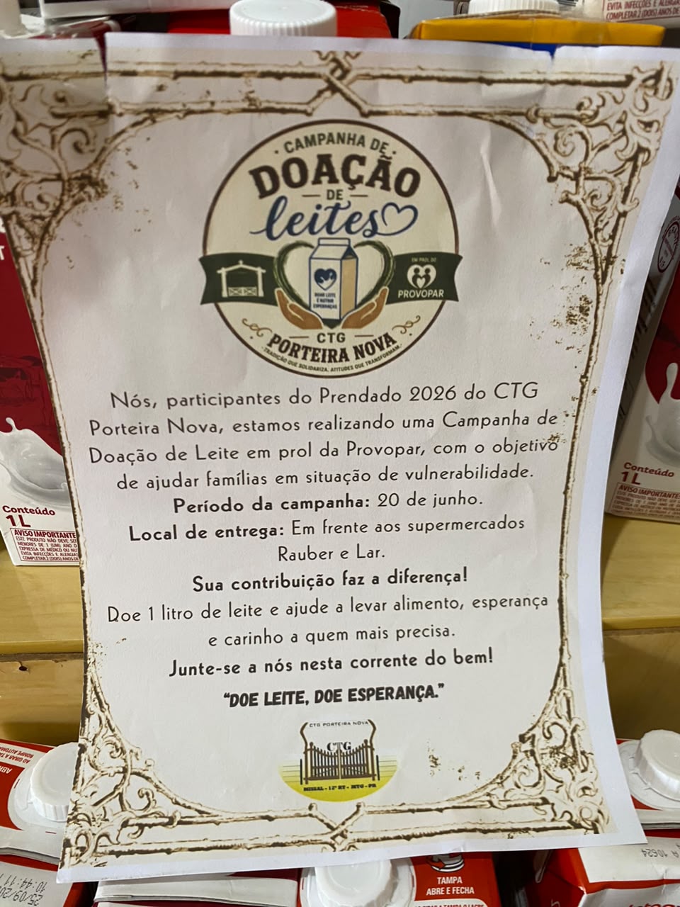 Provopar recebe mais de duzentas caixas de leite arrecadadas pelo CTG Porteira Nova