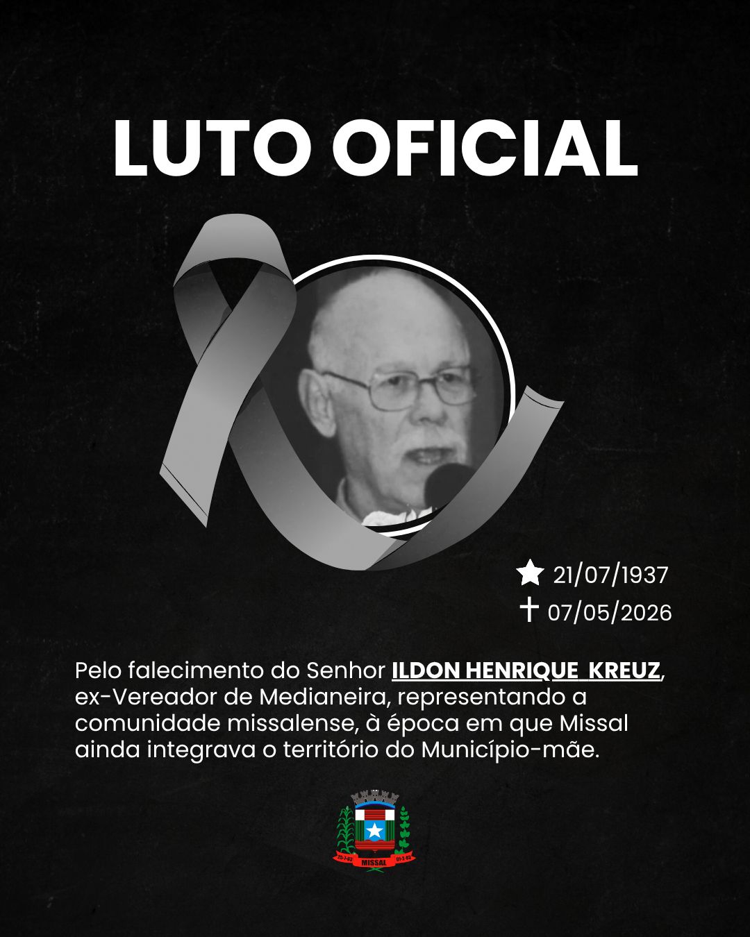 Missal decreta Luto Oficial em decorrência do Falecimento de Ildon Kreuz