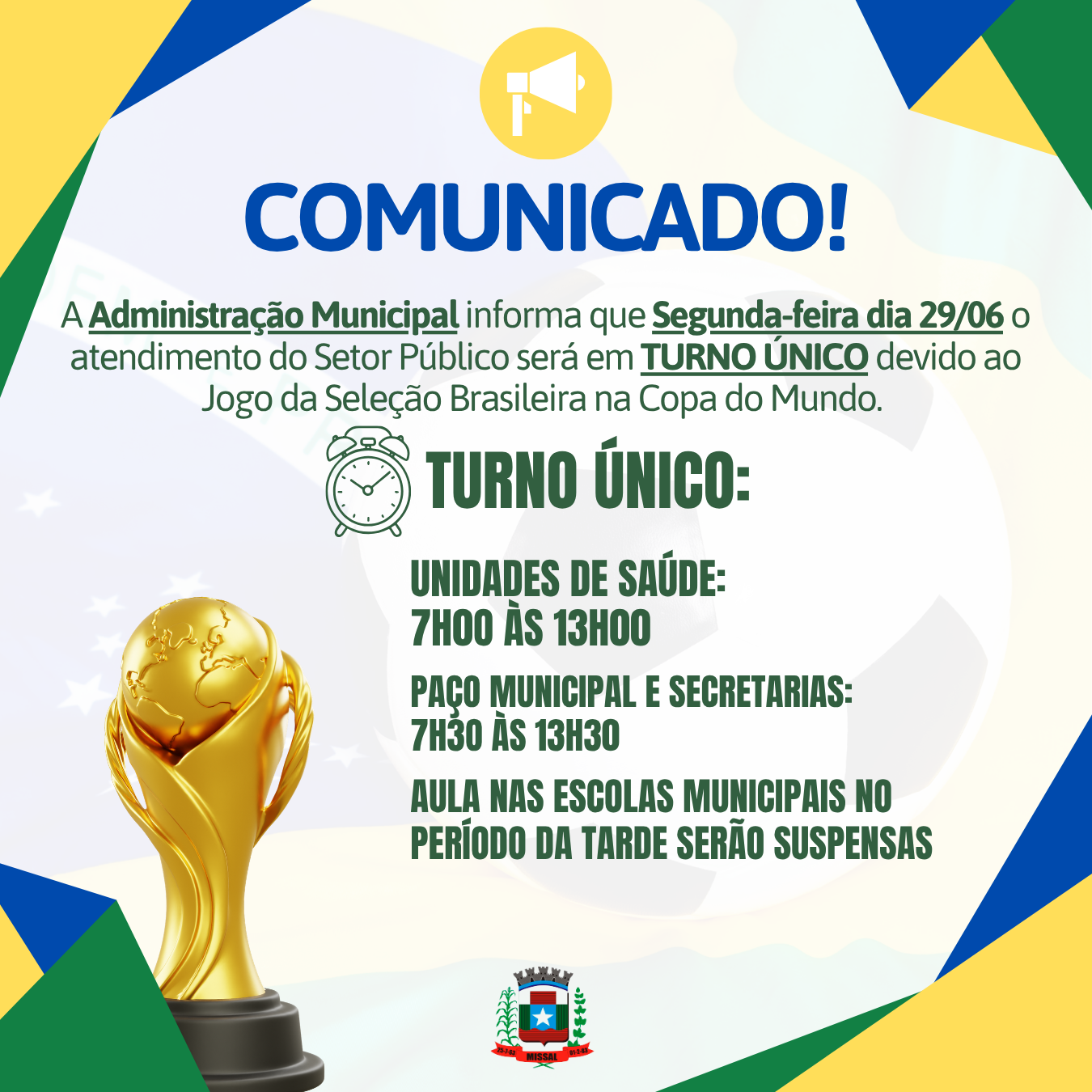 Prefeitura de Missal terá horário especial de atendimento na segunda-feira