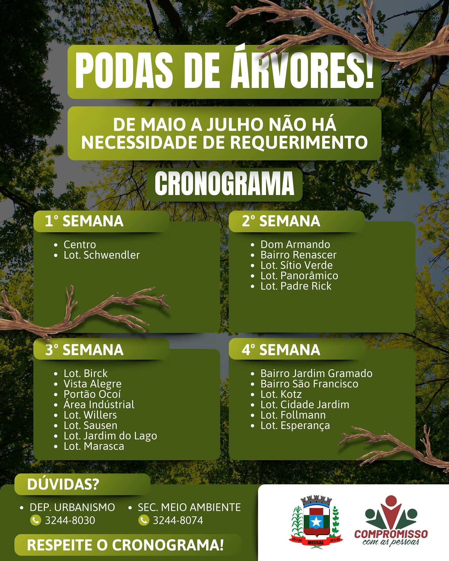 Secretaria de Meio Ambiente de Missal comunica sobre a Poda de Árvores